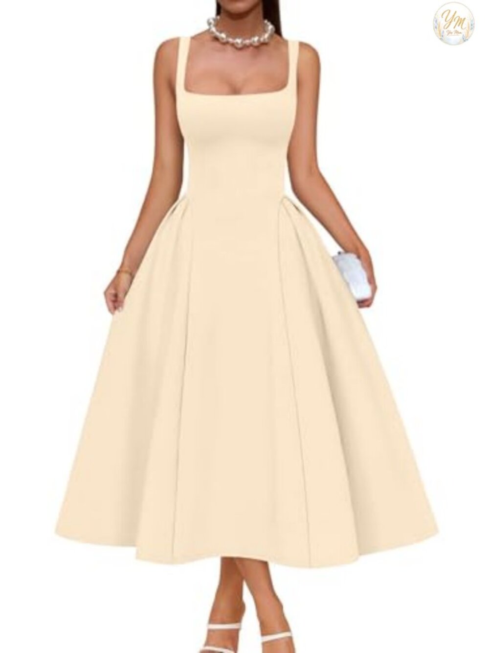 Women's Square Neck Midi Swing A Line Dress Formal Wedding Guest Party